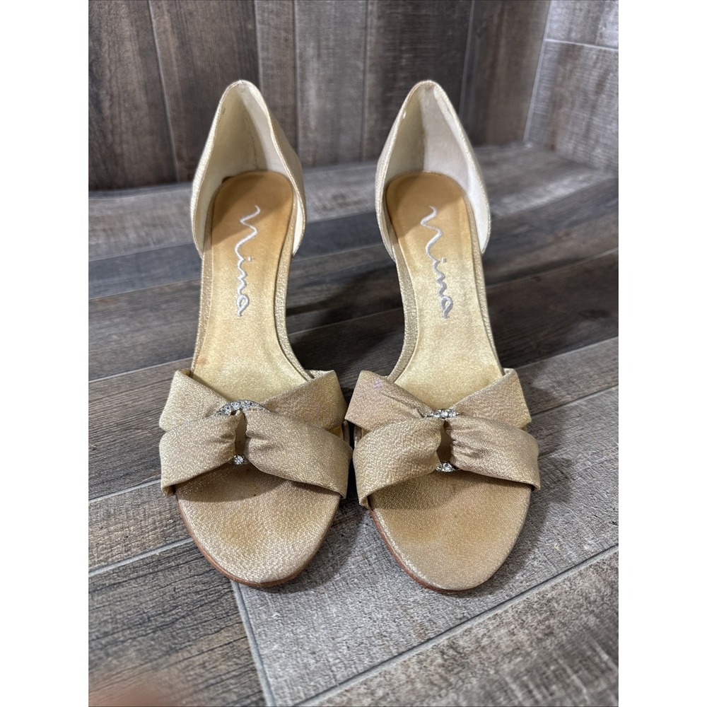 Nina Malila-GS Heels 8.5M Gold Glimmer Bow‎ Open Toe Dress Shoes w/ Box - Picture 2 of 11